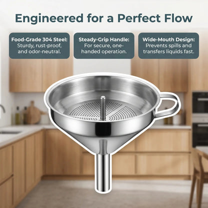 🔥Hot Sale 304 Stainless Steel Funnel with Filter Mesh – Kitchen Food Grade Metal Funnel for Oil, Alcohol, Jam & Spice Filling 🥄
