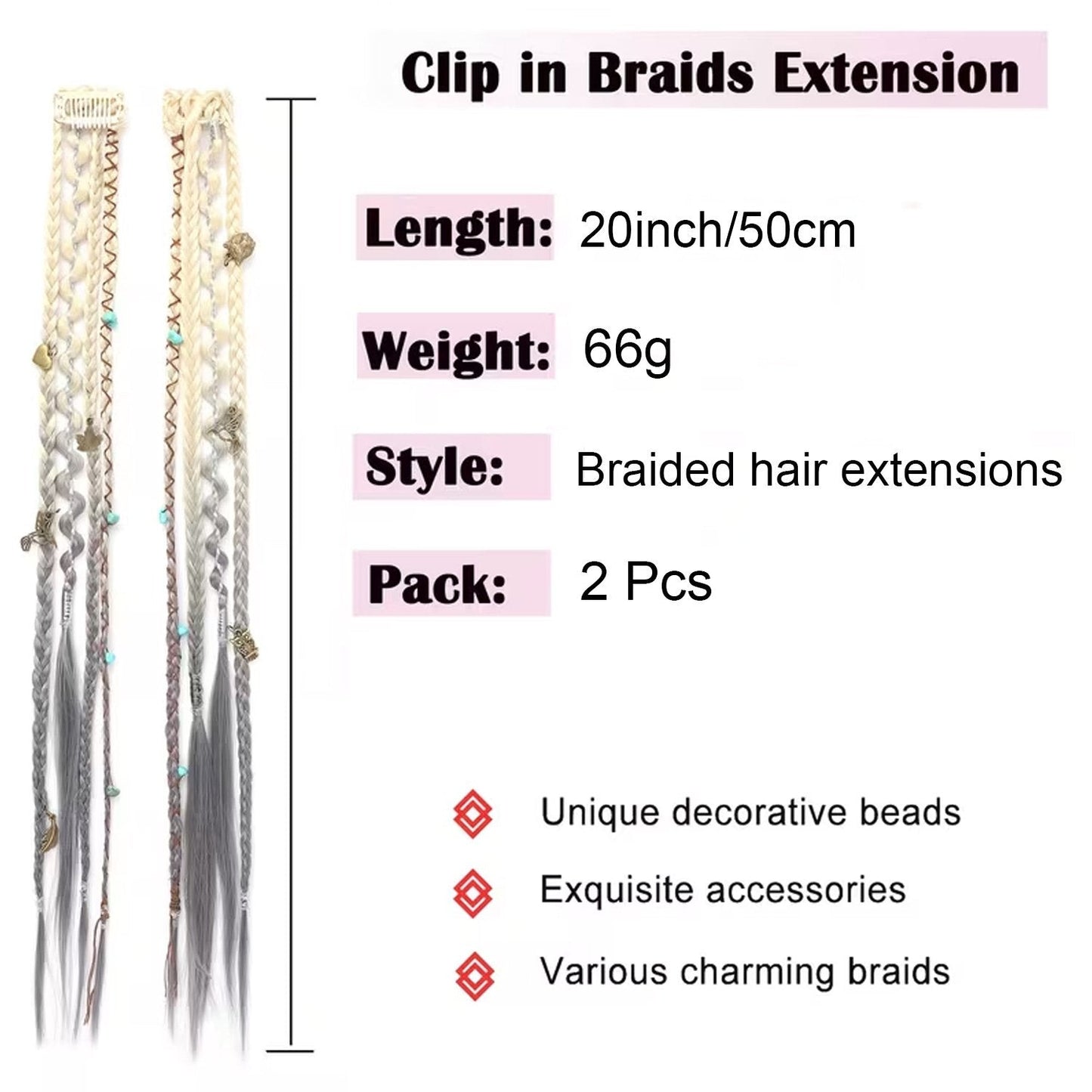 🔥🆕 2026 Boho Dreadlock Clip-In Hair Extensions 🌿 – 20" Braided Hair with Beads & Charms(✨2Pcs)