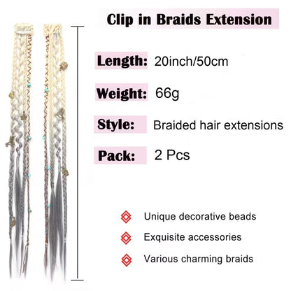 🔥🆕 2026 Boho Dreadlock Clip-In Hair Extensions 🌿 – 20" Braided Hair with Beads & Charms(✨2Pcs)