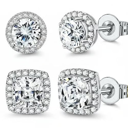 Halo Stud Earrings 2-Pack - Gold & Silver Round/Square Styles