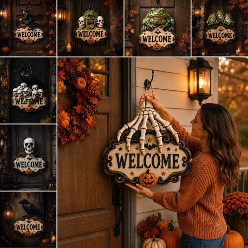 Halloween Skeleton Hand Welcome Hanging Sign