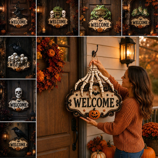 Halloween Skeleton Hand Welcome Hanging Sign