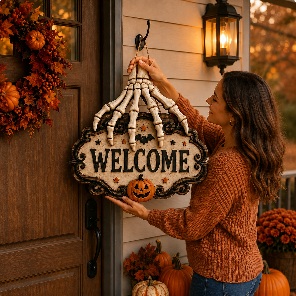 Halloween Skeleton Hand Welcome Hanging Sign