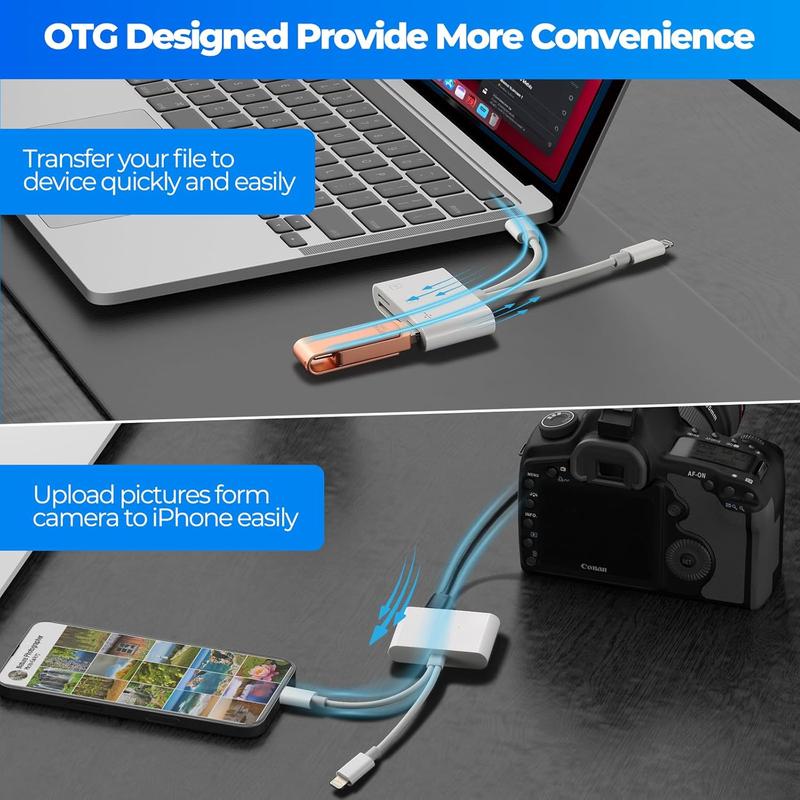 3-in-1 Dual-Port Card Reader (Lightning & Type-C) - Plug & Play SD/MicroSD Adapter with USB-A for iPhone, iPad, Android & Mac - No App Required