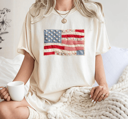 Comfort Colors Retro American Flag Shirt, Faux Patchwork USA Tee, Digital Print Shirt, 4th of July Shirt, Patriotic Graphic Shirt, Fourth of July Shirt
