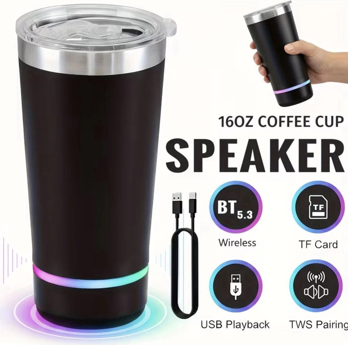 Stainless Steel 16.oz Nsulated MUG With Built-in Bluetooth Speaker Rechargeable Wireless Multi-color LED Lights Prefect Gift