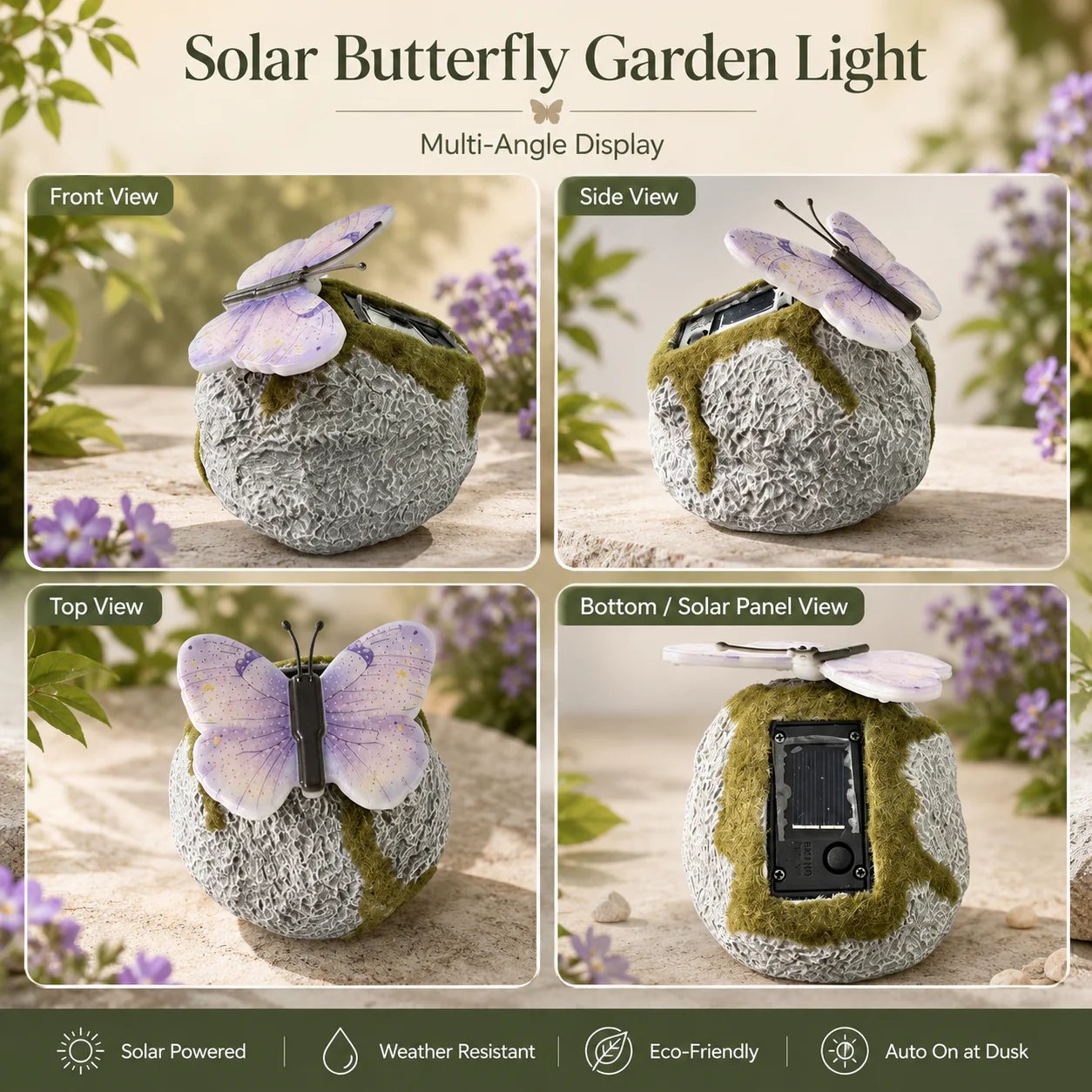🦋 Solar Butterfly Stone Garden Light, Waterproof LED Glowing Landscape Rock Lamp, Auto On/Off Outdoor Resin Decor for Yard, Lawn, Pathway, Patio & Porch, Perfect Garden Gift