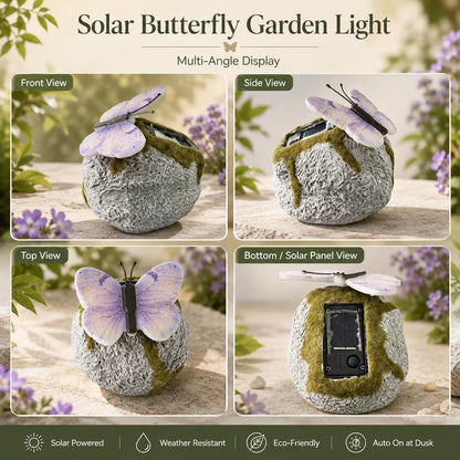 🦋 Solar Butterfly Stone Garden Light, Waterproof LED Glowing Landscape Rock Lamp, Auto On/Off Outdoor Resin Decor for Yard, Lawn, Pathway, Patio & Porch, Perfect Garden Gift