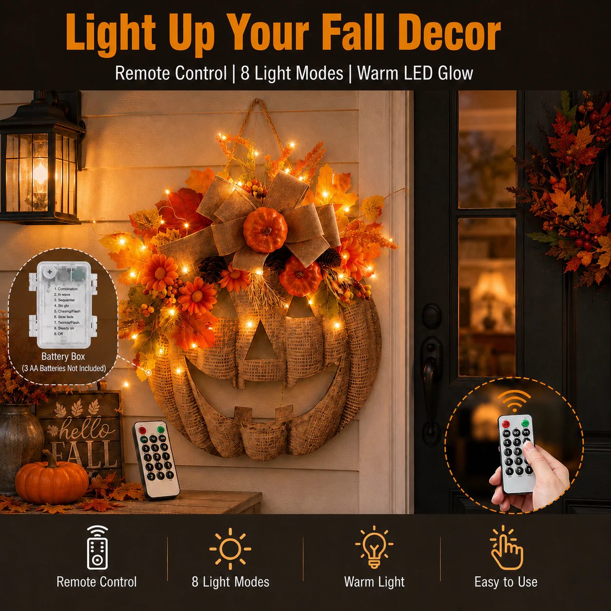 🎃✨ Lighted Burlap Pumpkin Wreath