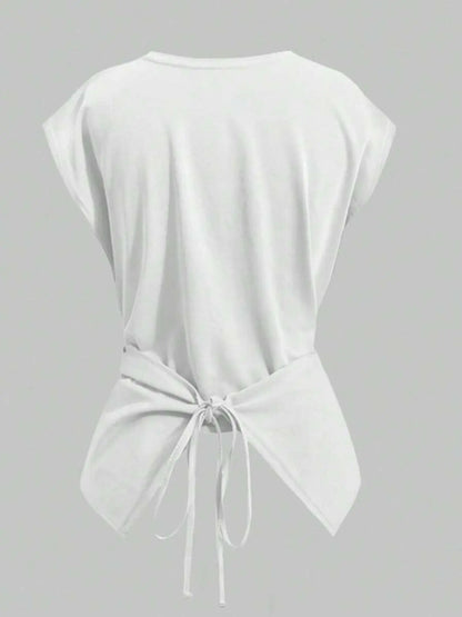 Women's Knitted Round Neck Criss Cross Back T-Shirt