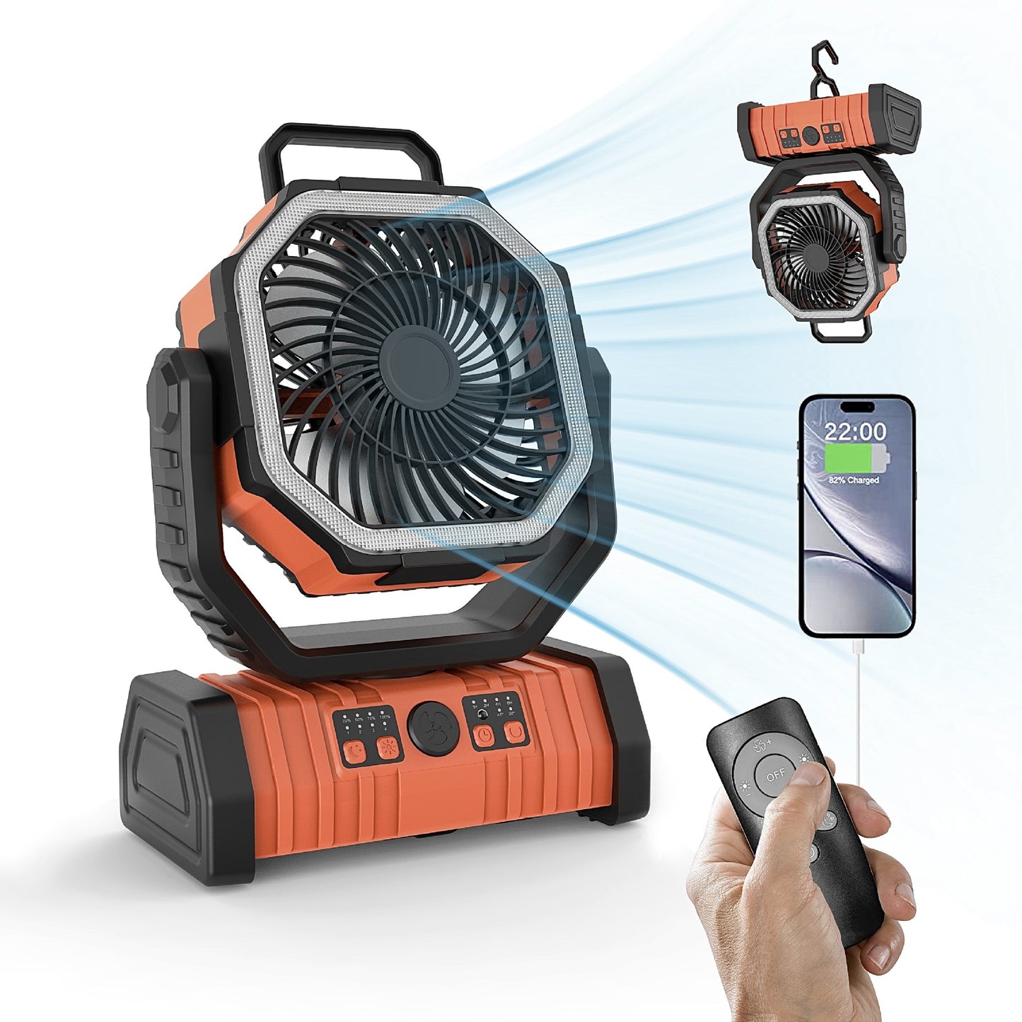 Rechargeable Camping Fan with LED Light, Portable Oscillating Fan with 360° Hook, Cordless Battery Powered