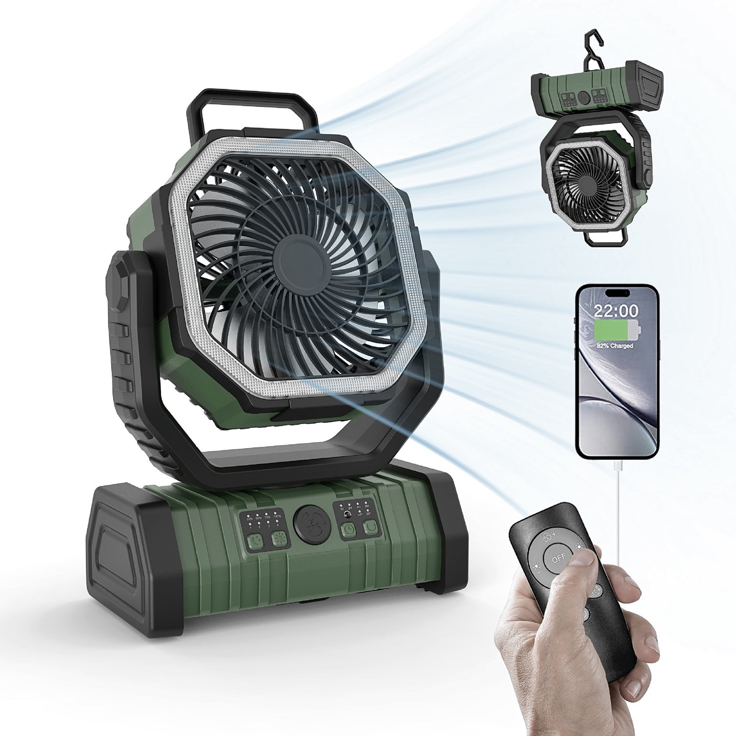 Rechargeable Camping Fan with LED Light, Portable Oscillating Fan with 360° Hook, Cordless Battery Powered