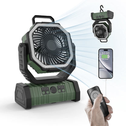 Rechargeable Camping Fan with LED Light, Portable Oscillating Fan with 360° Hook, Cordless Battery Powered