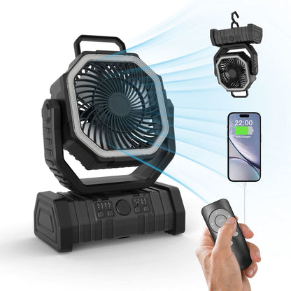 Rechargeable Camping Fan with LED Light, Portable Oscillating Fan with 360° Hook, Cordless Battery Powered