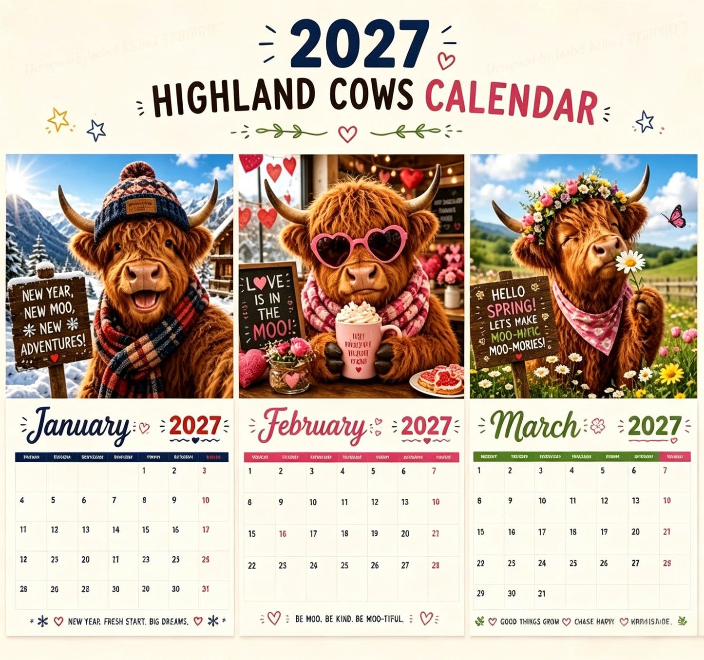 2027 Funny Highland Cows Wall Calendar A4 Hanging Calendar
