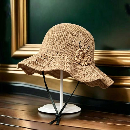 Women's Crochet Bucket Hat with Flower Accent