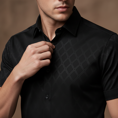 👔Men's Textured Black Shirt – Diamond Pattern, Athletic Fit, 8 Sizes 🍁