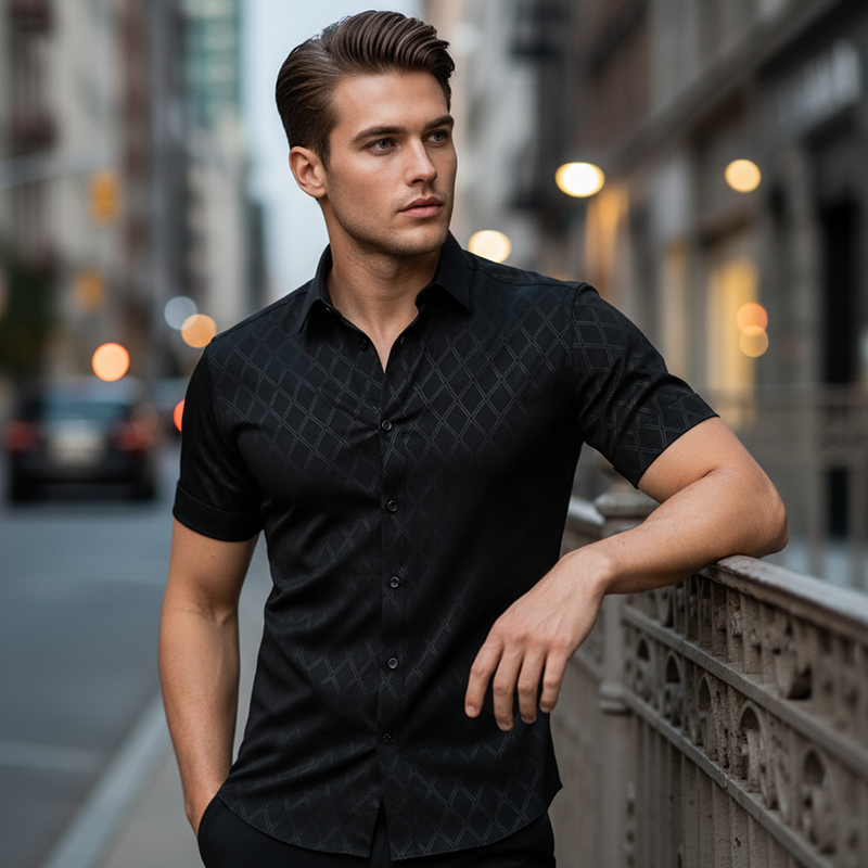 👔Men's Textured Black Shirt – Diamond Pattern, Athletic Fit, 8 Sizes 🍁
