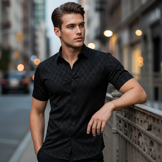 👔Men's Textured Black Shirt – Diamond Pattern, Athletic Fit, 8 Sizes 🍁