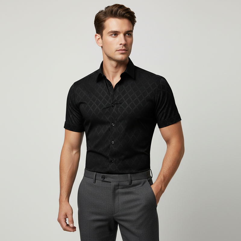 👔Men's Textured Black Shirt – Diamond Pattern, Athletic Fit, 8 Sizes 🍁