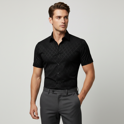 👔Men's Textured Black Shirt – Diamond Pattern, Athletic Fit, 8 Sizes 🍁