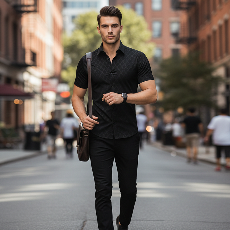 👔Men's Textured Black Shirt – Diamond Pattern, Athletic Fit, 8 Sizes 🍁