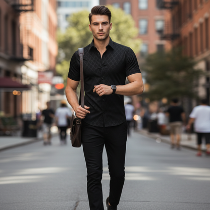 👔Men's Textured Black Shirt – Diamond Pattern, Athletic Fit, 8 Sizes 🍁