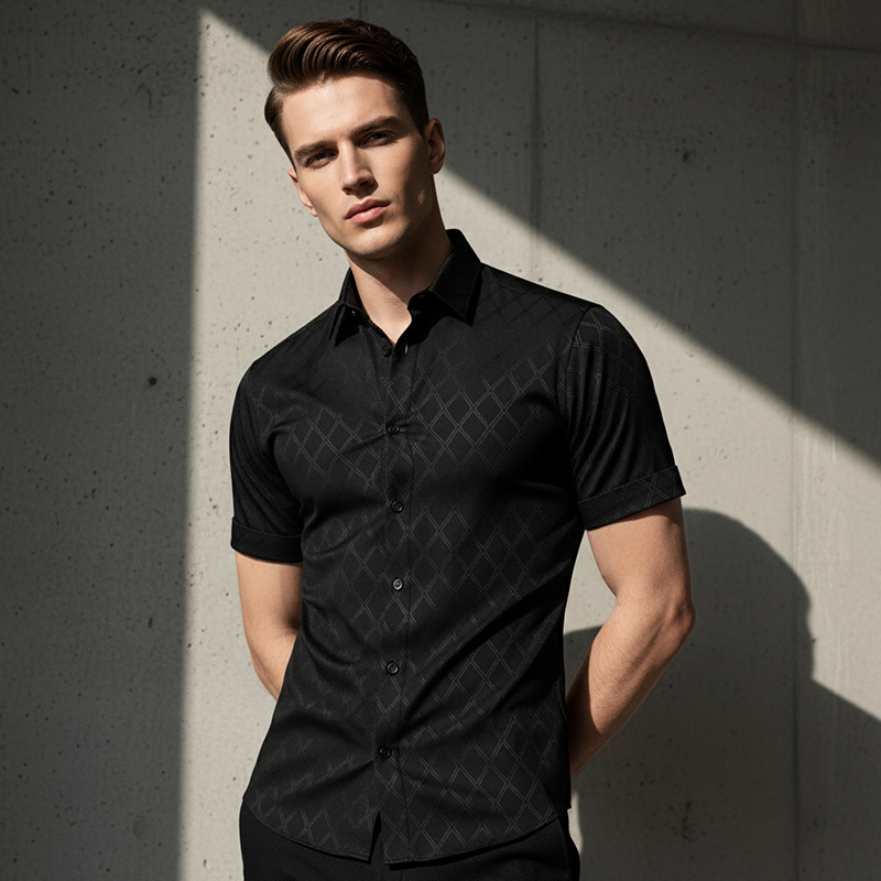 👔Men's Textured Black Shirt – Diamond Pattern, Athletic Fit, 8 Sizes 🍁