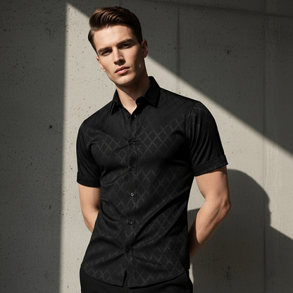 👔Men's Textured Black Shirt – Diamond Pattern, Athletic Fit, 8 Sizes 🍁