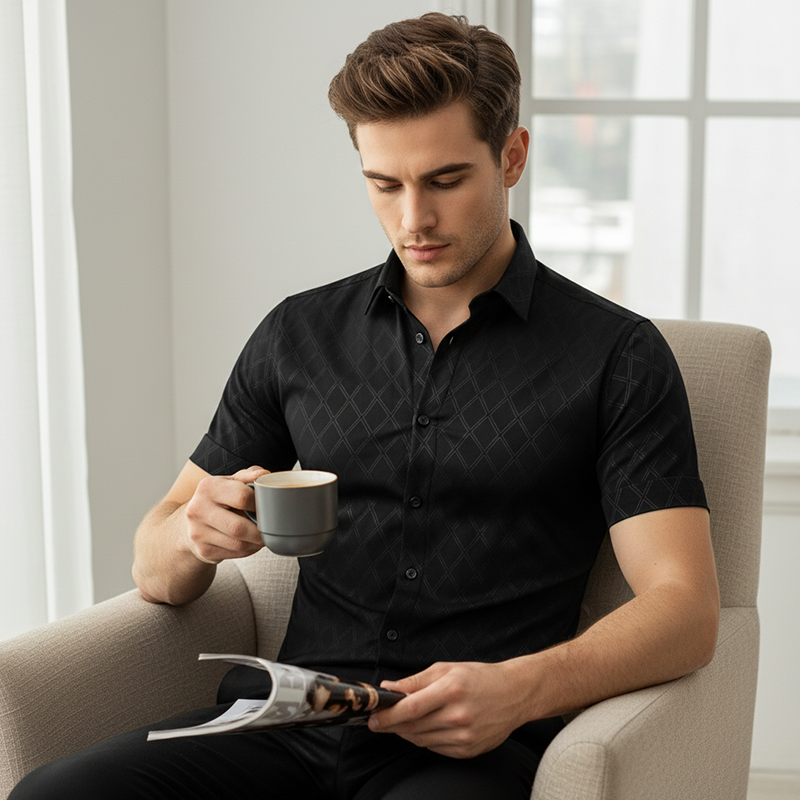 👔Men's Textured Black Shirt – Diamond Pattern, Athletic Fit, 8 Sizes 🍁
