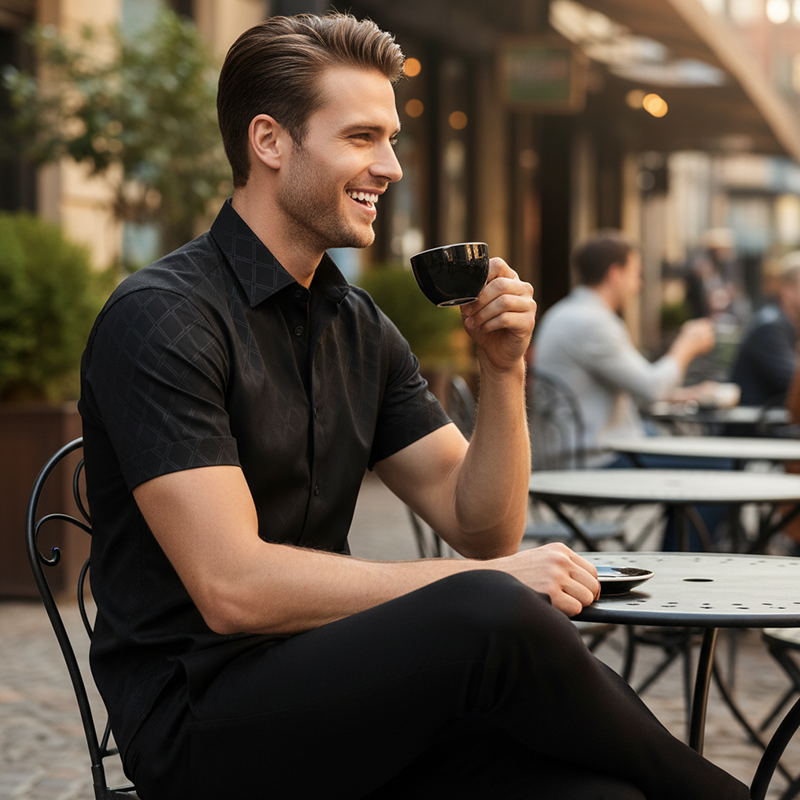 👔Men's Textured Black Shirt – Diamond Pattern, Athletic Fit, 8 Sizes 🍁