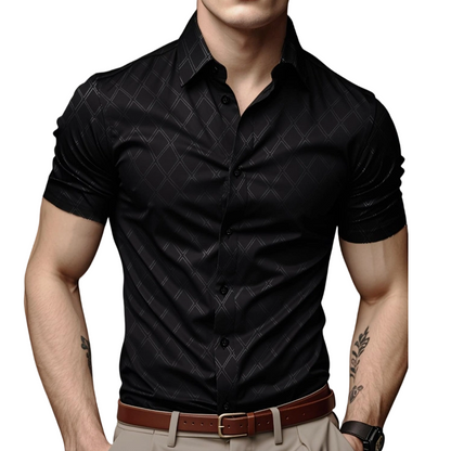 👔Men's Textured Black Shirt – Diamond Pattern, Athletic Fit, 8 Sizes 🍁