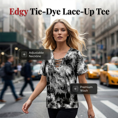 👕  Women's Tie-Dye T-Shirt – Lace-Up V-Neck, 4 Colors, S-5XL 🍀