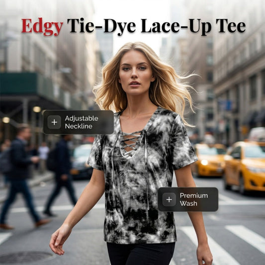 👕  Women's Tie-Dye T-Shirt – Lace-Up V-Neck, 4 Colors, S-5XL 🍀