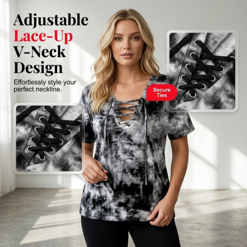 👕  Women's Tie-Dye T-Shirt – Lace-Up V-Neck, 4 Colors, S-5XL 🍀