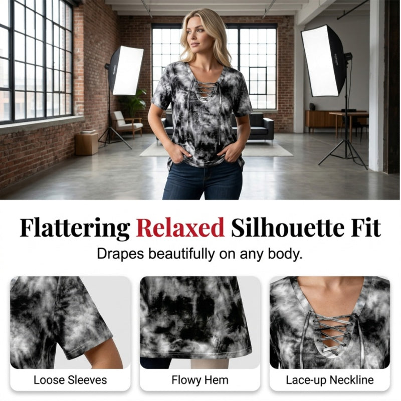 👕  Women's Tie-Dye T-Shirt – Lace-Up V-Neck, 4 Colors, S-5XL 🍀