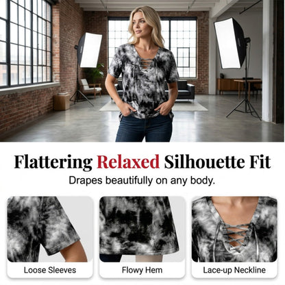 👕  Women's Tie-Dye T-Shirt – Lace-Up V-Neck, 4 Colors, S-5XL 🍀