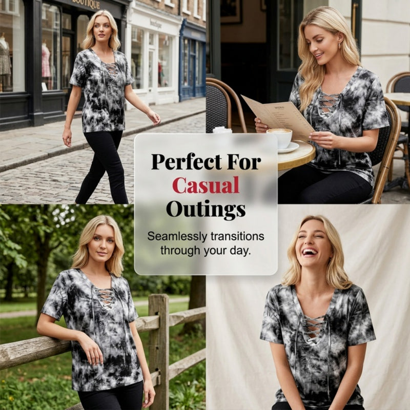 👕  Women's Tie-Dye T-Shirt – Lace-Up V-Neck, 4 Colors, S-5XL 🍀