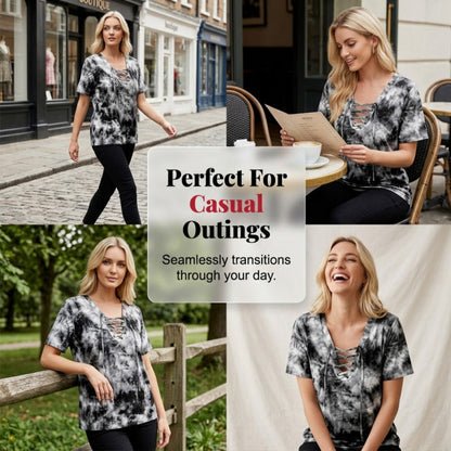 👕  Women's Tie-Dye T-Shirt – Lace-Up V-Neck, 4 Colors, S-5XL 🍀