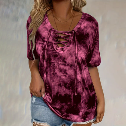 👕  Women's Tie-Dye T-Shirt – Lace-Up V-Neck, 4 Colors, S-5XL 🍀