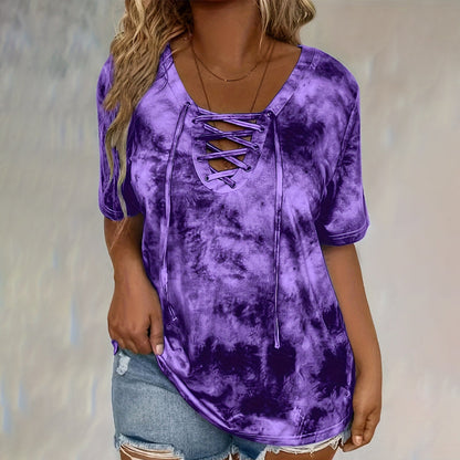👕  Women's Tie-Dye T-Shirt – Lace-Up V-Neck, 4 Colors, S-5XL 🍀