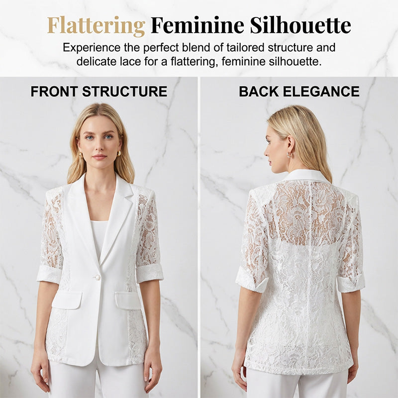 ✨ White Lace Blazer – Slim Fit, 3/4 Sleeve, Elegant Transition 👑
