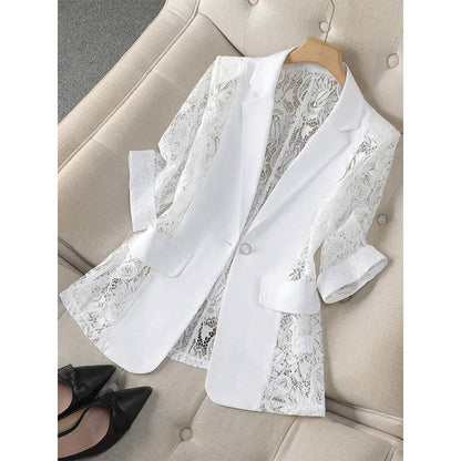 ✨ White Lace Blazer – Slim Fit, 3/4 Sleeve, Elegant Transition 👑