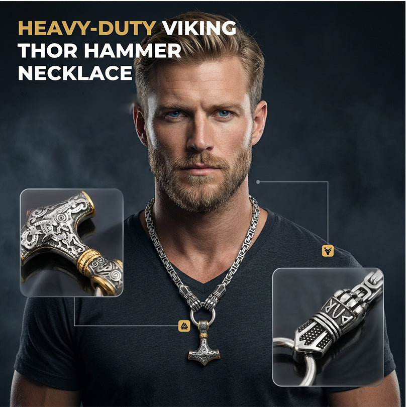 Dailyardpromax™ Viking Thor Hammer Pendant Necklace – Stainless Steel Byzantine Chain