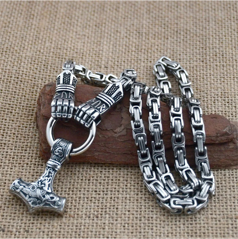 Dailyardpromax™ Viking Thor Hammer Pendant Necklace – Stainless Steel Byzantine Chain
