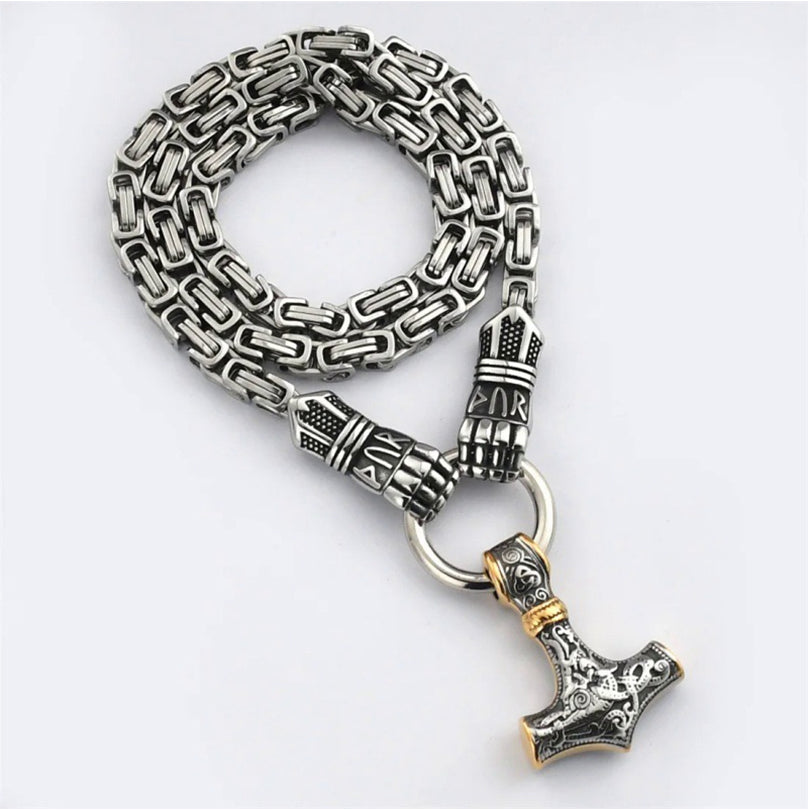 Dailyardpromax™ Viking Thor Hammer Pendant Necklace – Stainless Steel Byzantine Chain