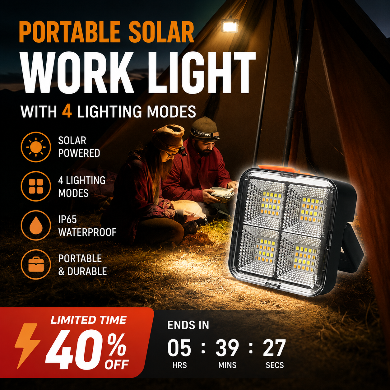 🔥🎁Hot Sale 50% OFF💡Portable Solar Work Light with 4 Lighting Modes